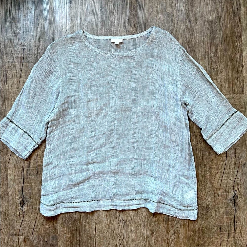 Pure Jill Linen Olive Open Weave Short Sleeve Lagenlook Top L